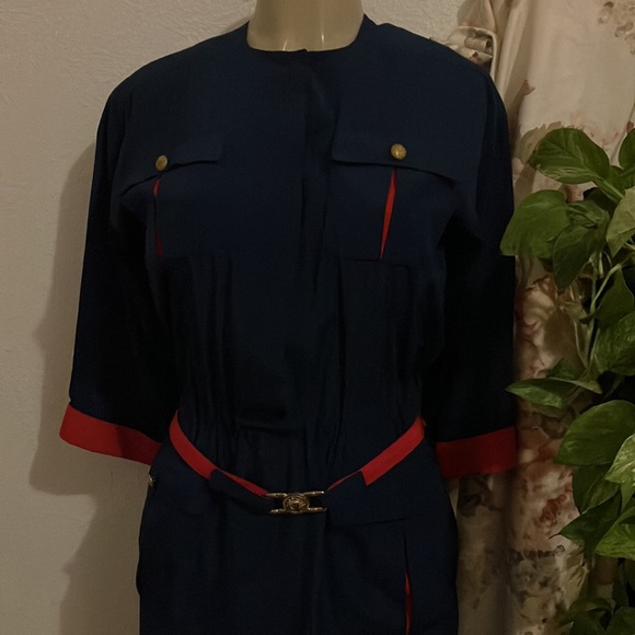 Vintage Dress Leslie Fay Petite Collection Blue with Red Sleeve Cuffs on Pockets - Picture 1 of 16